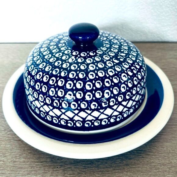 Boleslawiec Polish Pottery Ceramic Cake Serving Plate & Dome Lid Cover - Picture 1 of 5
